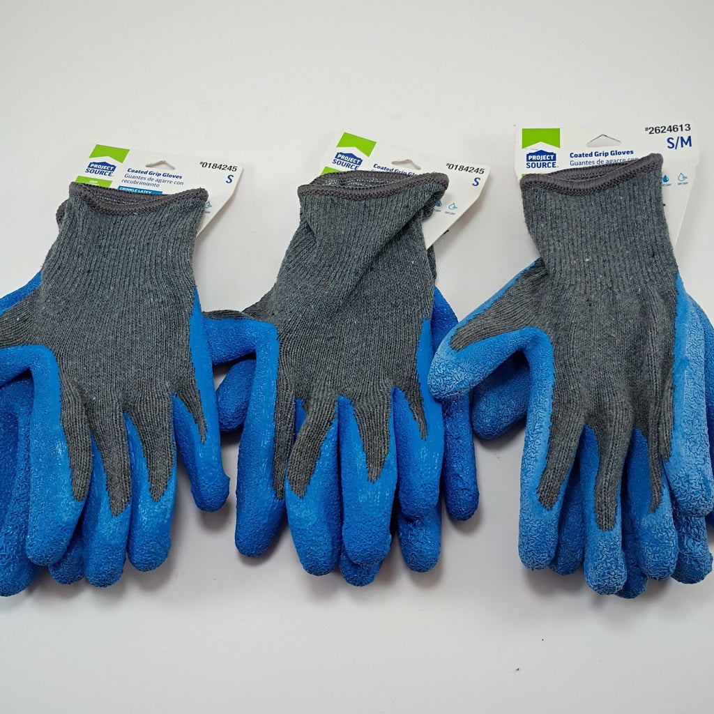 3 Pairs Project Source Coated Grip Gloves Small 0184245 New Blue And Grey