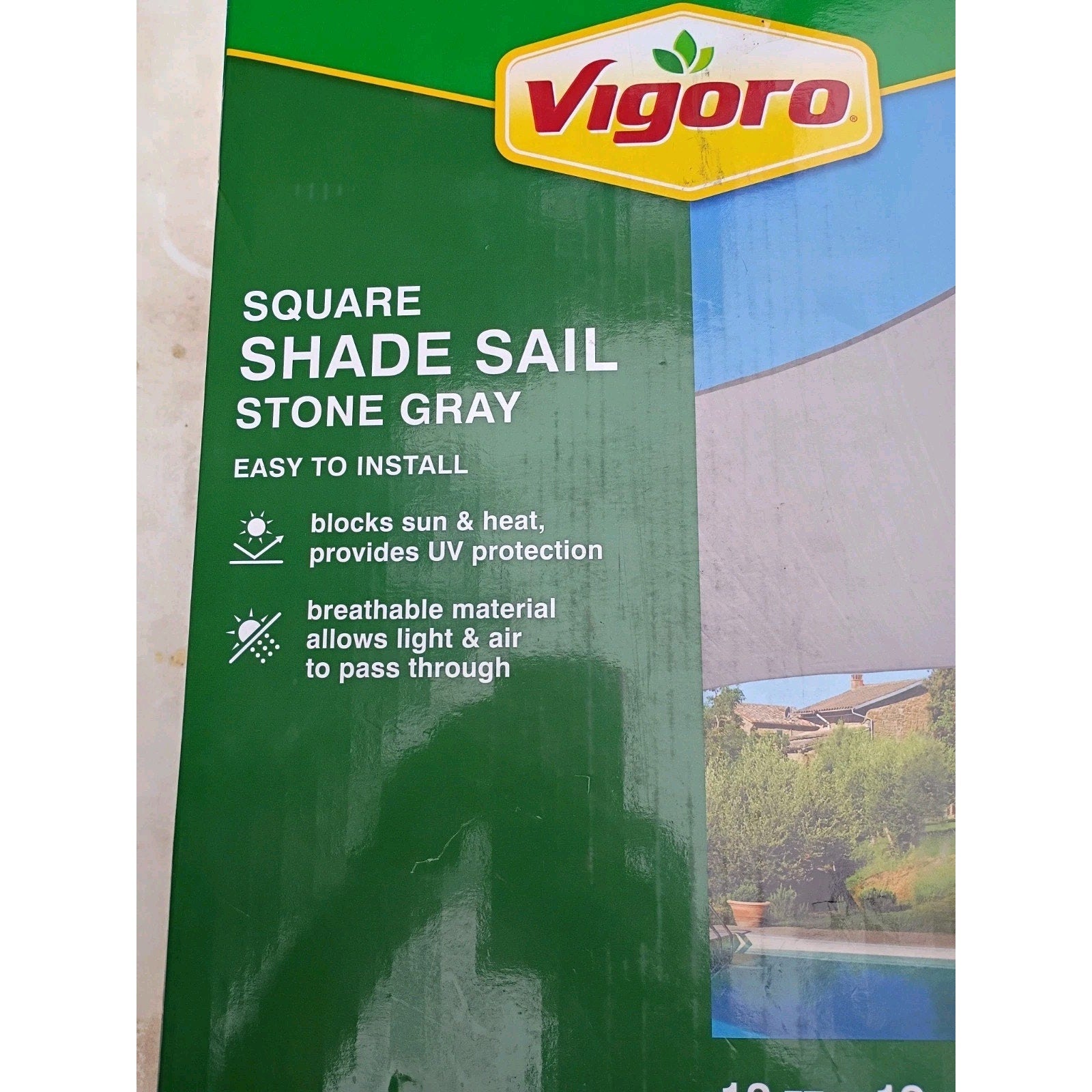 Vigoro 12 ft x 12 ft Grey Square Shade Sail Canopy Fabric Used Great Shape 002