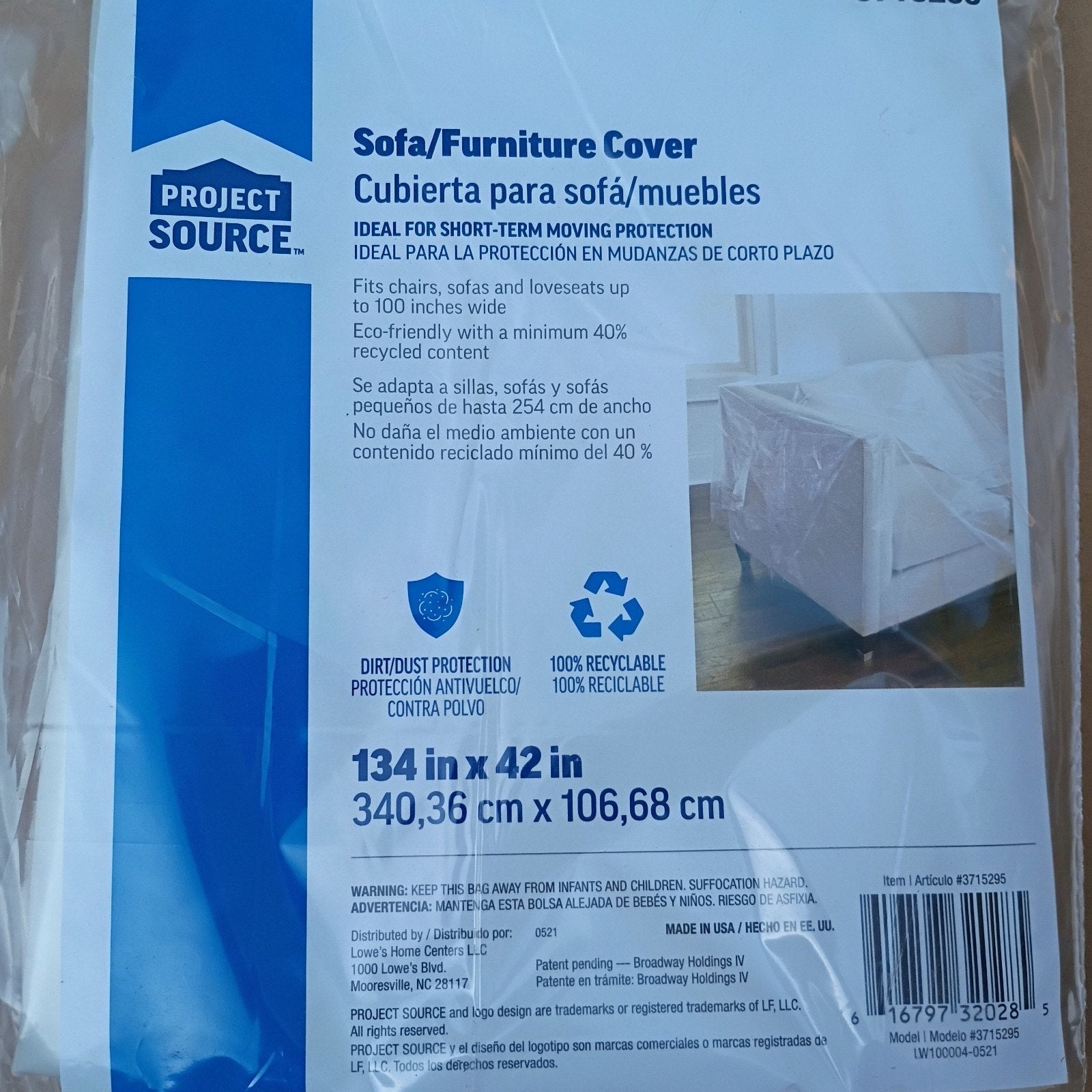 Project Source Sofa/Furniture Cover – 134" x 42" Protective Plastic Cover